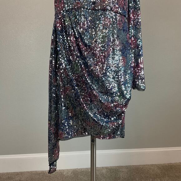Aidan Mattox Sequined One Shoulder Mini Sheath Cocktail Dress Blue Multi Size 12 - Picture 8 of 13